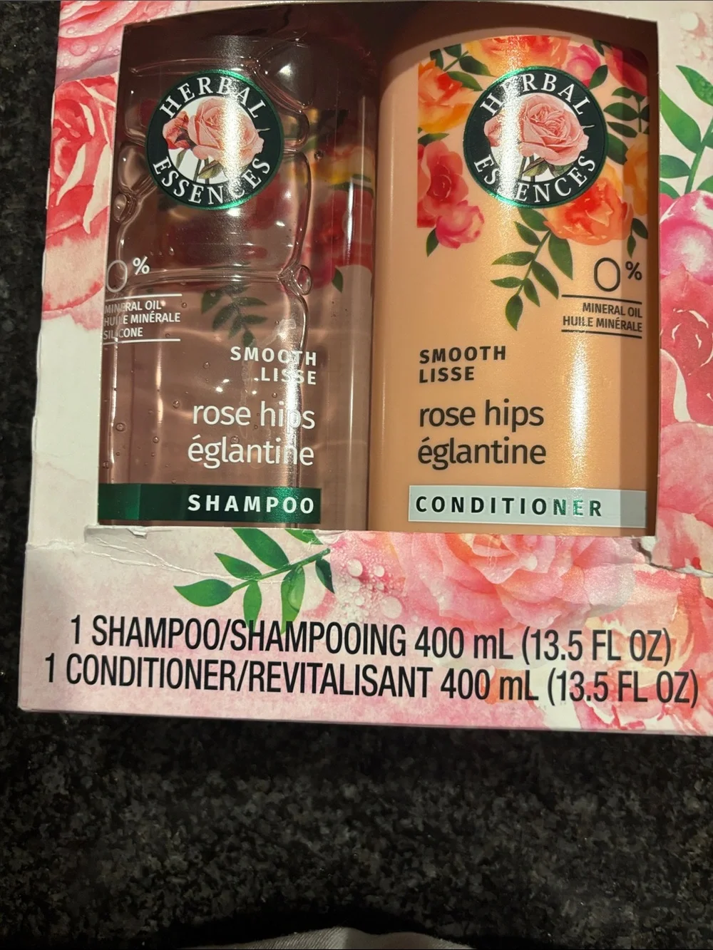 Herbal essences Rose hips shampoo and conditioner.